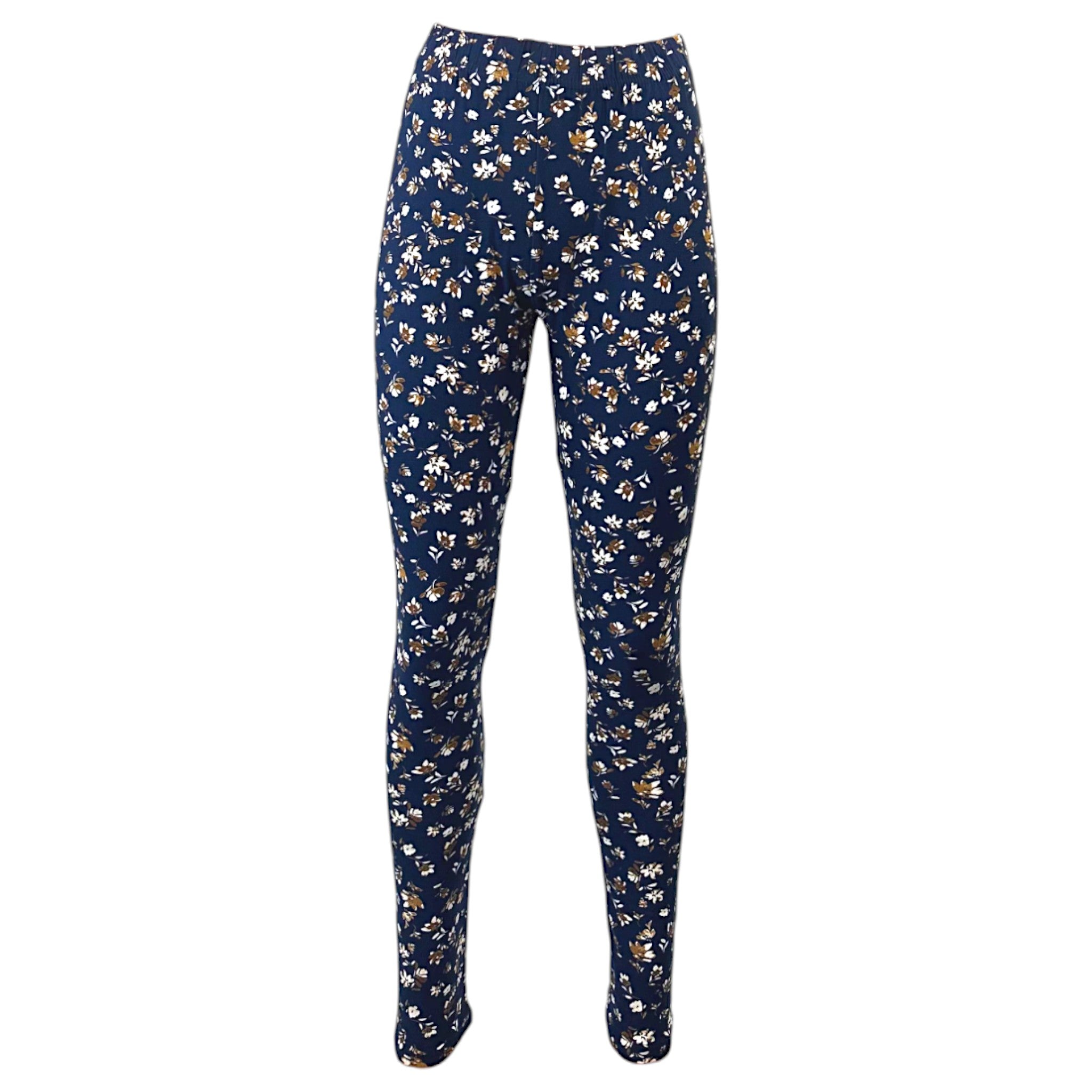 Women's full-length women's leggings in navy blue with beige floral print, soft stretchy fabric, ideal for casual wear, yoga, and everyday outfits.